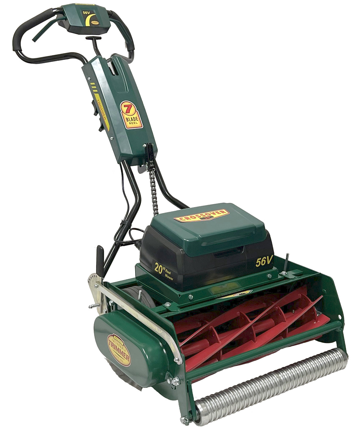 Green lawn mower with red blade on a white background