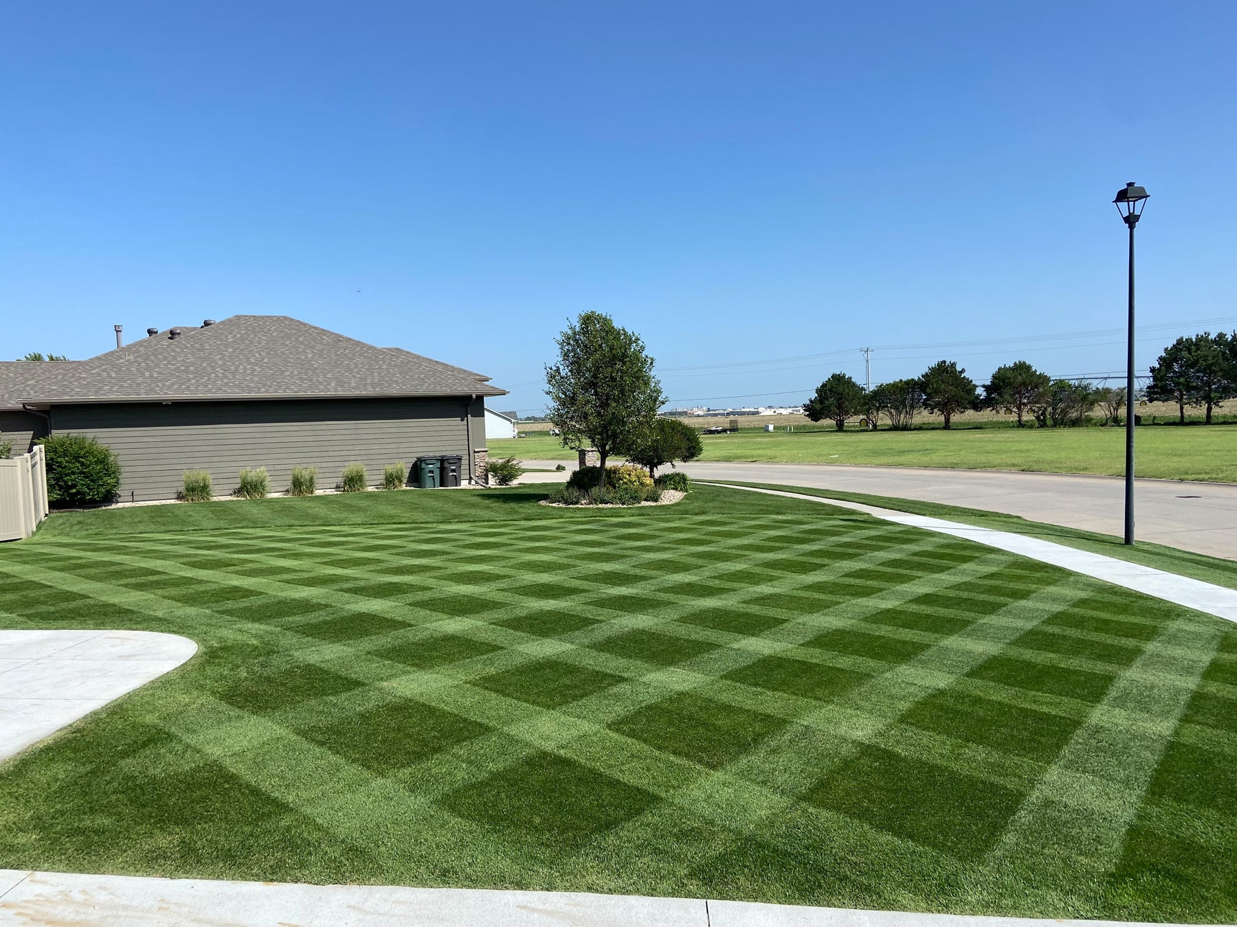 diamond angled mowing lines cut into a residential yard